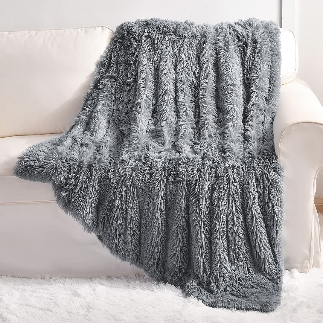 YUSOKI Grey Faux Fur Throw Blanket2 Layers50 x 60 Gray Soft Fuzzy Fluffy Couch Blanket Plush Furry Comfy Warm Blanket for Bed Chair Sofa Bedroom Dog Cat Men