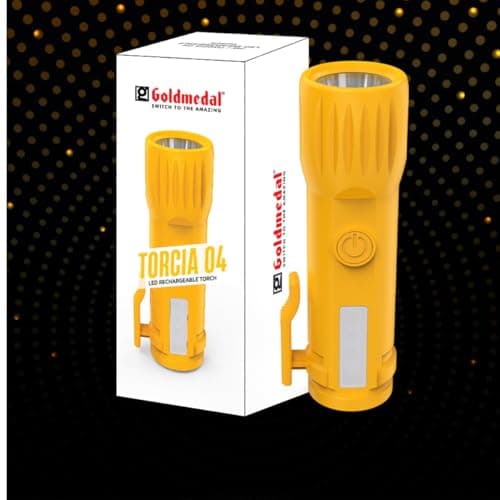 Goldmedal Torcia 04 1+1W LED Rechargeable Torch – Cool Daylight (6500K) | 500 mAh Li-ion Battery | Battery Back-up Up to 2 Hours | Deep Discharge Protection | Type C Charging | Pocket Gripper