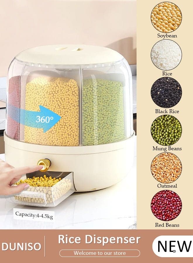 Rice and Grain Storage Container, 360° Rotating Food Dispenser Moisture Resistant Household, 4-in-1 Compartments Grain Food Dispenser for Kitchen, Sealed Storage for Black Rice, Yellow Rice