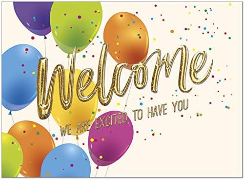 25 Employee Welcome Cards Fun Balloon Design with Gold Glitter Foil Embossing 26 White Envelopes FSC Mix