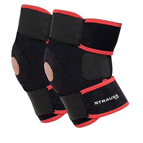 Strauss Adjustable Knee Support Patella|Knee Cap for Knee Pain, Gym Workout, Running, Arthritis, and Protection for Men and Women| Knee Brace |Knee Guard |Knee belt | Joint pain relief | Pair, (Free Size, Black/Red)