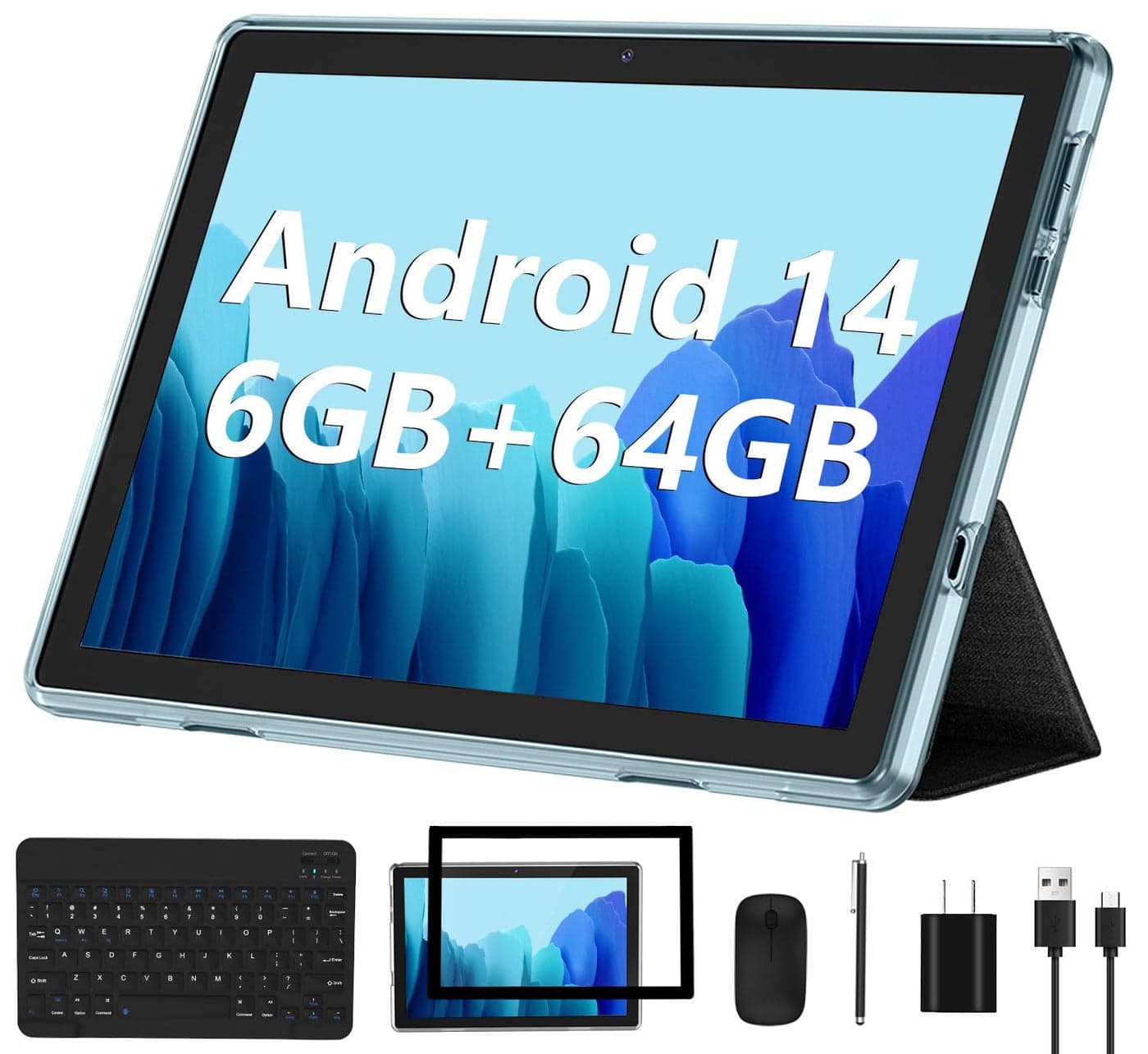 Android 14 Tablet 2025 New 10 Inch Tablets with 6GB RAM 64GB ROM 1TB Expanded OuadCore 2 in 1 Tableta with Keyboard Mouse WiFi 6 Bluetooth GMS Certified IPS Touch Screen Tablet Blue Set