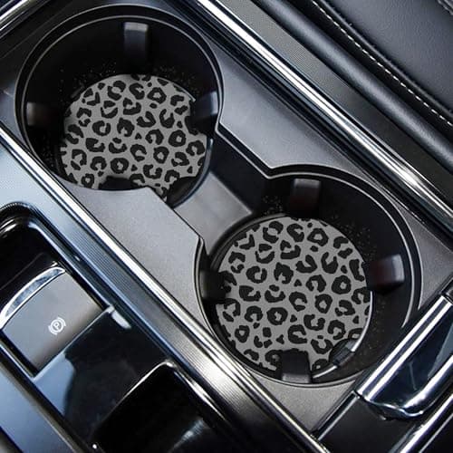 WOCOCN Cute Cup Holder Coasters for Your Car with Fingertip Grip Auto Accessories for Women MenPack of 2Gray Leopard