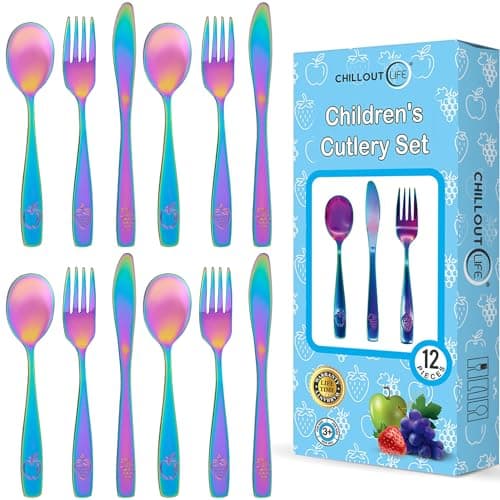 12 Piece Stainless Steel Kids Silverware Set Child and Toddler Safe Flatware Kids Utensil Set Metal Kids Cutlery Set Includes 4 Small Kids Spoons 4 Forks 4 Knives UV Rainbow