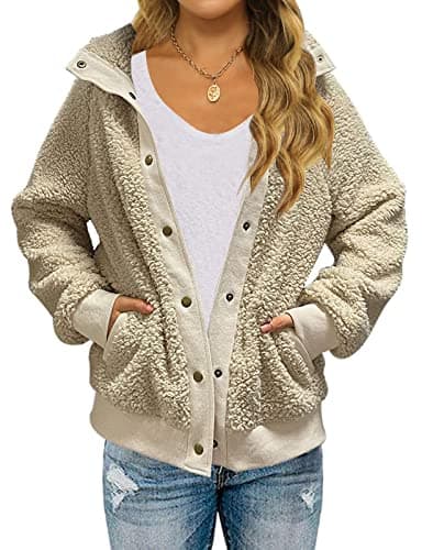 MEROKEETY Womens Fleece Sherpa Jacket Fall Winter Coats 2025 Fuzzy Button Down Warm Outerwear with Pockets Beige
