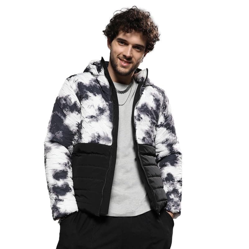 Campus Sutra Men's Black & White Tie-Dye Block Puffer Jacket For Casual Wear Hooded Neck Long Sleeve Zipper Closure Jacket Crafted With Comfort Fit For Everyday Wear, Large
