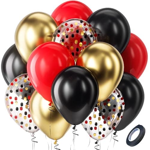 Bezente Red Black and Gold Latex Balloons60pcs 12 inch Red Black Gold Metallic Chrome Confetti Balloons for Birthday New Year Casino Theme Party Decoration Christmas Wedding Graduation