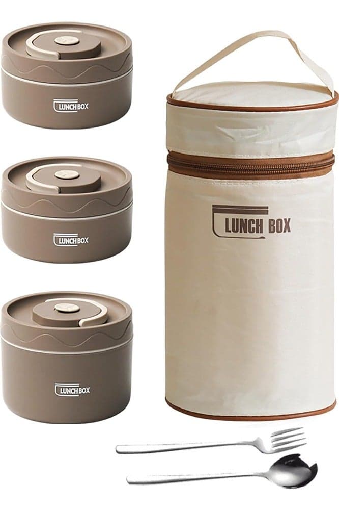 3-Layer Stainless Steel Lunch Box for Kids Adults Insulated Bento Lunch Box with Tableware & Bag 3 Compartment Divided Lunch Containers with Lids Leakproof BPA Free Dishwasher Safe (3 Layer coffee 2*420ml+1*550ml)