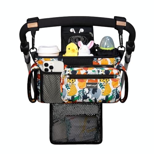 TOPDesign Universal Baby Stroller Organizer Stroller Caddy with Detachable Mesh Bag Heightened Insulated Cup Holders NonSlip Secure Hooks Accessories Fits Most Strollers Zoo