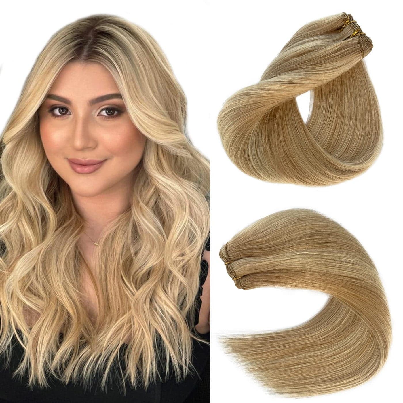 Weft Extensions Real Human Hair Blonde Balayage Sew in Hair Extensions 18 Inch 100grams Full Ends Thicker Remy Hair Weft Blonde Highlighted Sew in Human Hair Bundles for Women