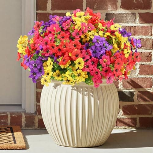 CEWOR 12 Bundles Artificial Flowers for Outdoor Indoor, Fake Silk Daisy with Eucalyptus Leaves, Faux Flower for Garden Front Door Porch Planter Patio Home Decor (Mix Red Purple Yellow Fuchsia)