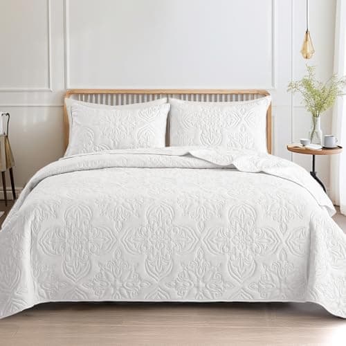 Whale Flotilla Soft Twin Quilt Bedding Set for All Seasons Elegant Vintage Damask Ultrasonic Quilts Set Lightweight Reversible Bedspread Coverlet Bed Cover with 1 Pillow Sham White