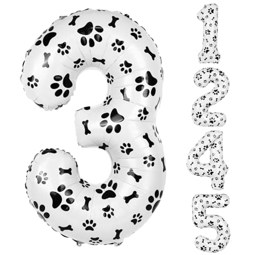 40 Inch Dog Foil Birthday Balloons Black White Dog Paw and Bone Print Number 3 Balloons for Girls Boys 3th Birthday Party DecorationsNumber 3