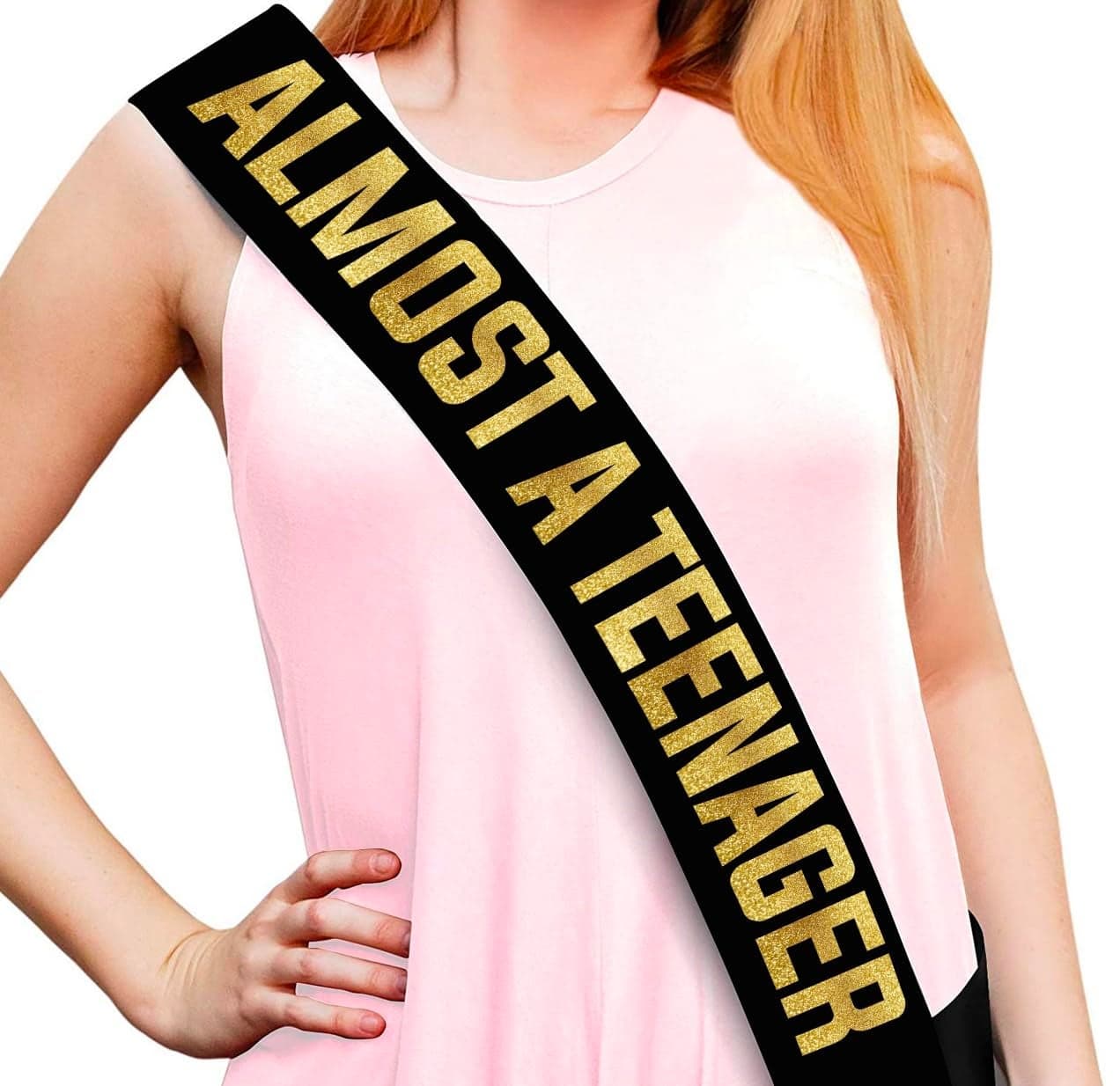 Sterling James Co Almost a Teenager Black and Gold Glitter Sash Happy 12th Birthday Party Decorations Supplies and Favors