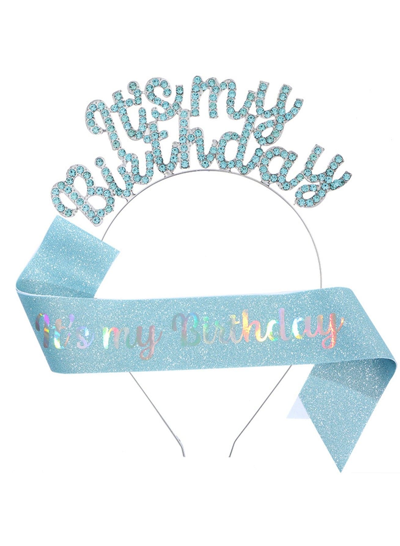 New Birthday Headband Shoulder Strap Etiquette Belt Set IT'S MY BIRTHDAY Women's Headdress Hair Accessories Party Supplies (Blue)