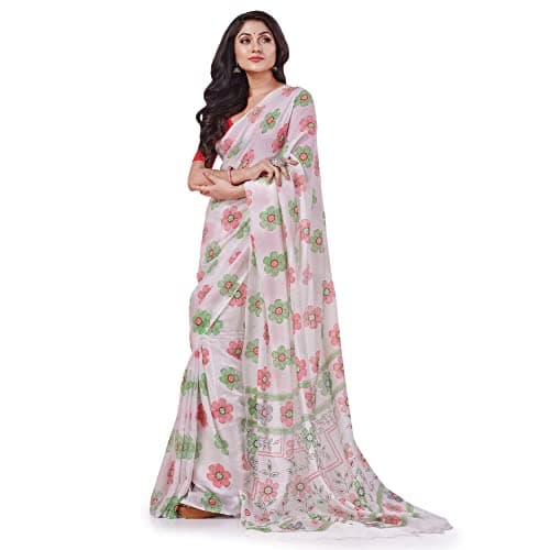 dB DESH BIDESH Women's Pure Cotton Flower Printed Designer Handloom Saree with Blouse Piece (White)