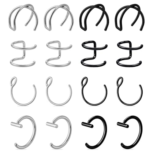 Psyqtsuary Fake Lip Piercing, 16 Pcs Stainless Steel Fake Lip Ring 8mm Faux Nose Ring Non Piercing Hoop Nose Rings for Women Men (Silver, Black)