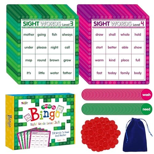 SpriteGru Sight Word Bingo Game 120 Sight Words Learn to Read Level 3 Level 4 Bingo Board Game Dolchs Frys Words Lists for Kindergarten and Preschool Kids 5 Perfect for Classroom at Home