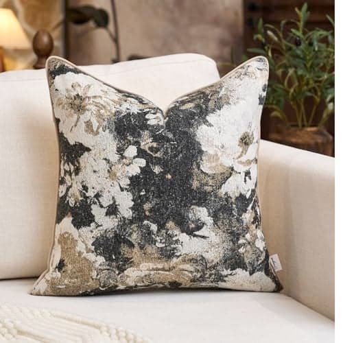 Yangest Neutral Flower Pillow Cover 18 x18 Inches, Nature Chenille Square Throw Pillow Cover Soft Luxury Accent Couch Pillow Cover for Living Room Bedroom, Black