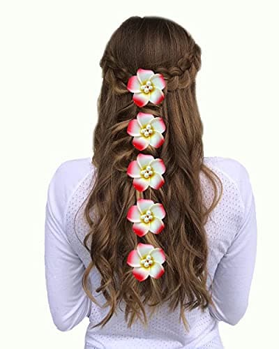 Hair Flare Champa Flower Hair Pin/Women Artificial Frangipani or Plumeria Flower Hair Accessories and JudaPin- Red, 2233, Pack of 5 pins