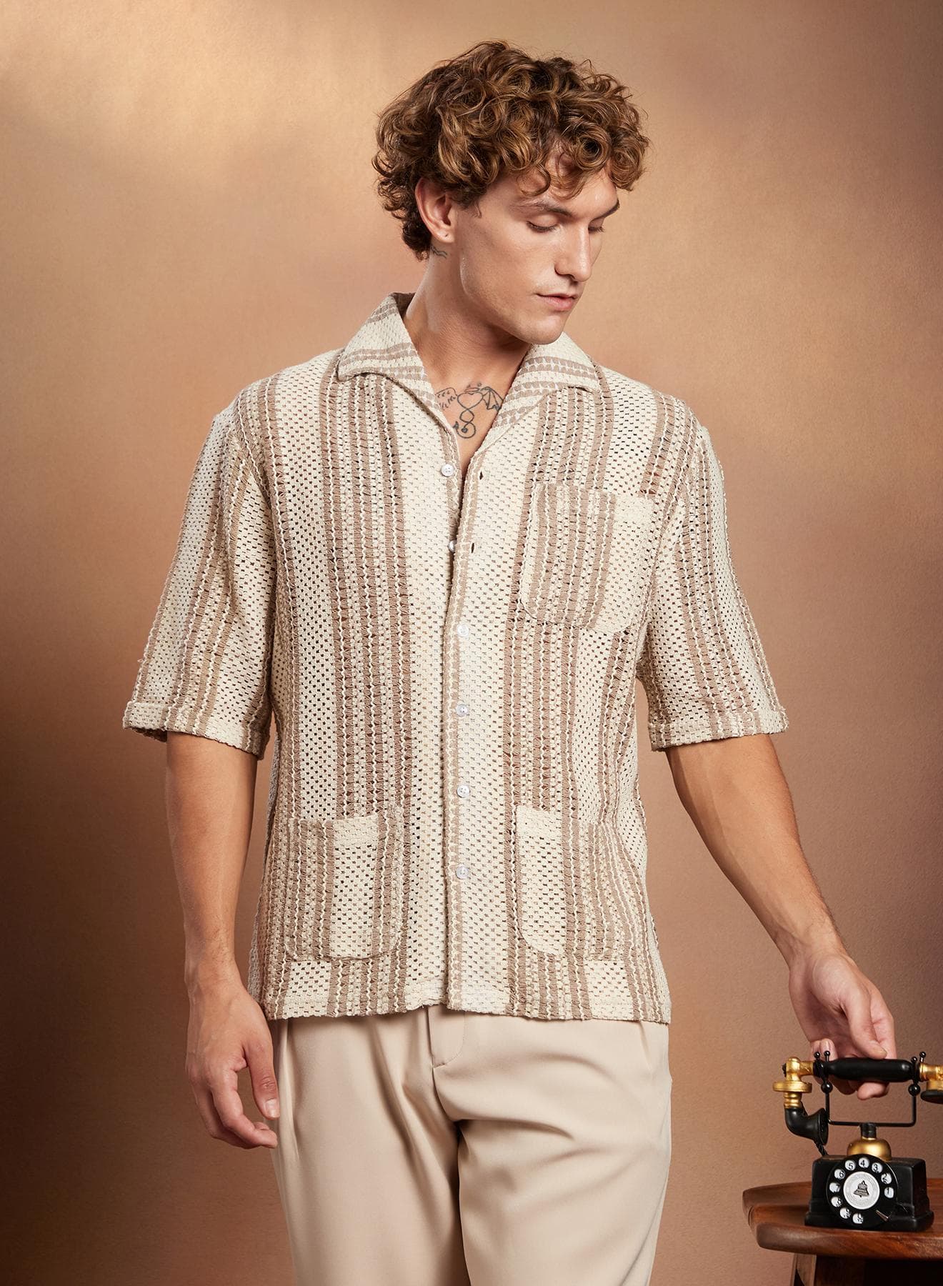 Men's Off-White & Ash Brown Striped Open-Knit Oversized Shirt