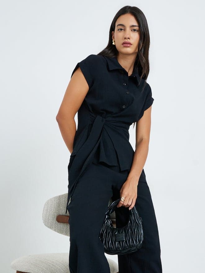 Styli Black Tie-Waist Wrap Shirt and Wide Leg Pants Co-ords