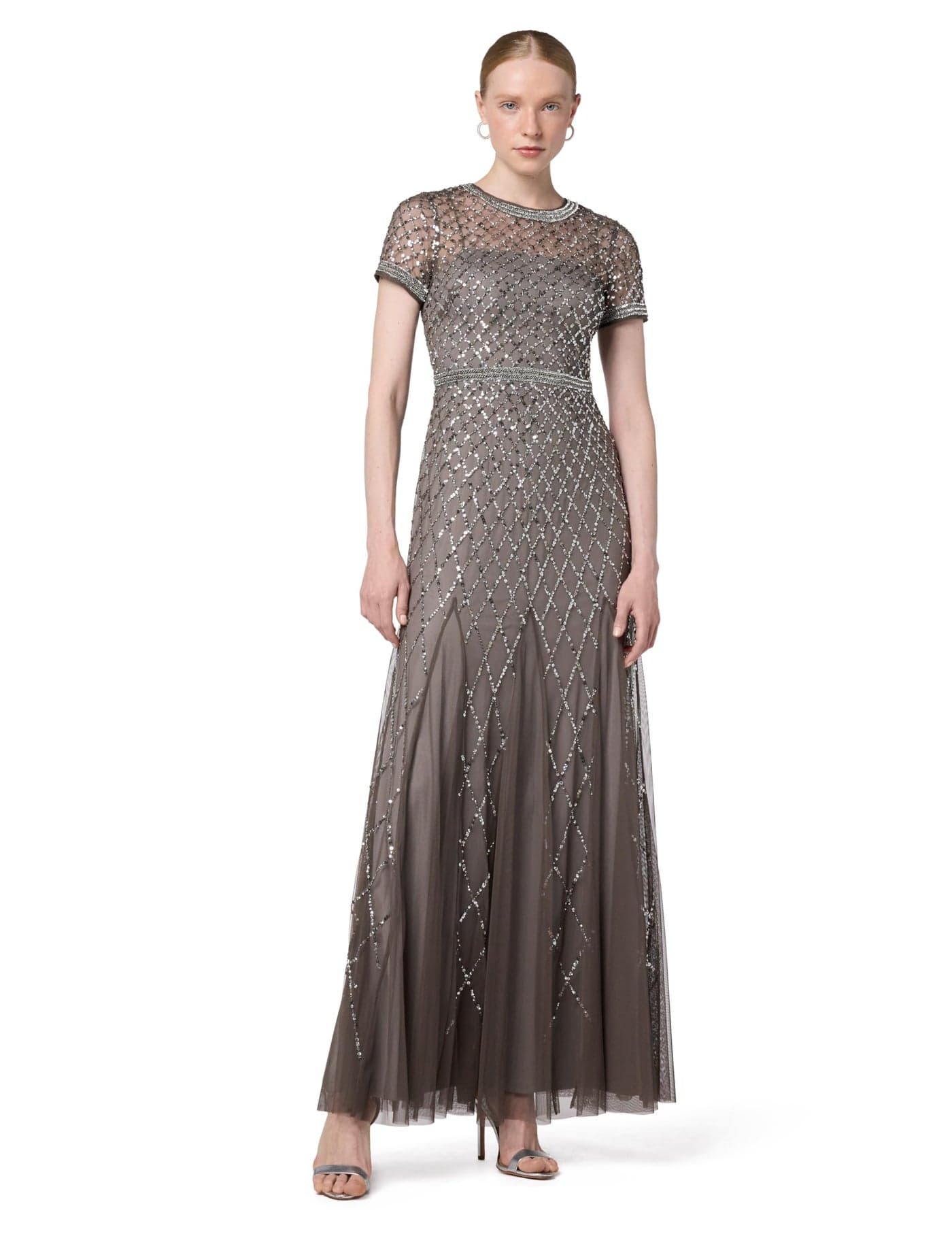 Adrianna Papell Women's Short Sleeve Beaded Mesh Gown, Lead, 10