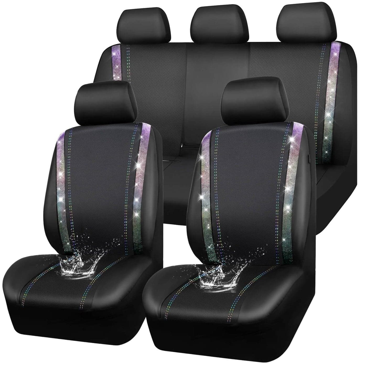 CAR PASS Bling Diamond Car Seat Covers Full Set Shining Rhinestone Waterproof Faux Leather Rear with Zipper Universal Fit Automotive Glitter Crystal Sparkle Strips for Cute Women GirlMuticolor