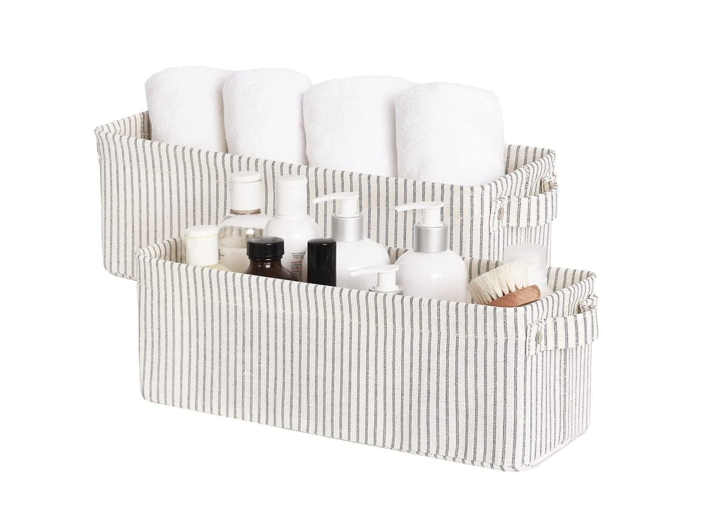 StorageWorks Narrow Storage Bins, Small Basket for Closet and Shelves, Fabric Organizer with Handles, Toilet Paper Storage, Khaki and Beige Stripes, 2-Pack