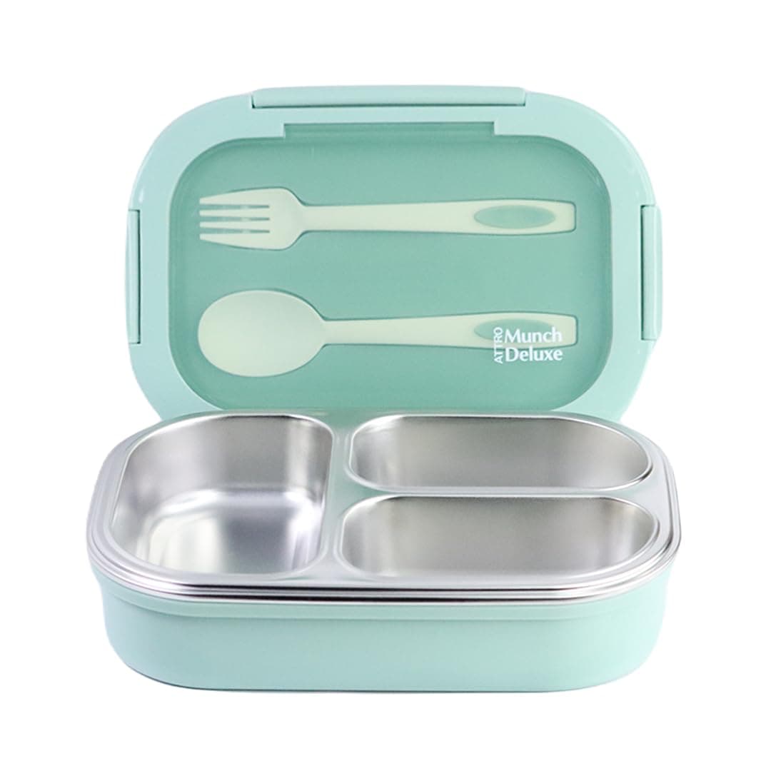 Attro Munch Deluxe Insulated Lunch Box with 3 Compartments 2 Spoons Stylish Lid Made with Heavy Outer Platic Material Bpa Free Inner with SteelPerfect for SchoolOfficeMint Green 750 Ml