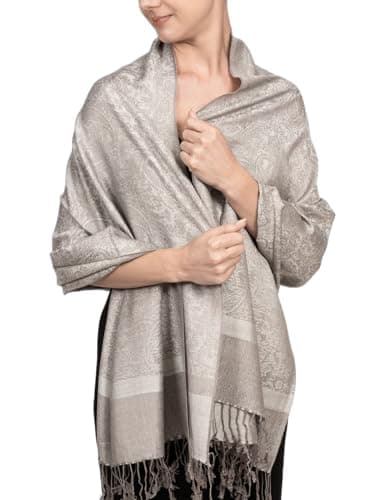 Achillea Two Tone Vintage Jacquard Paisley Pashmina Shawl Wrap Scarf (Silver Grey)
