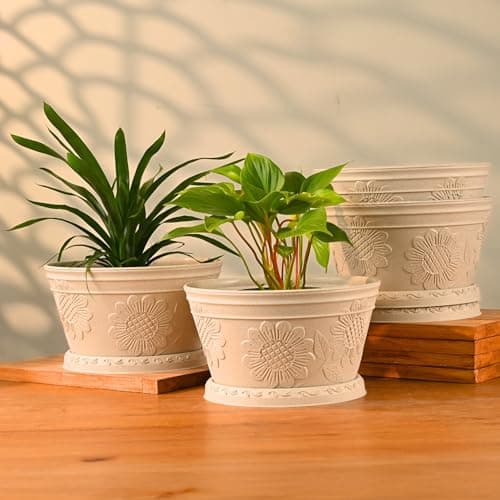 Eha Earth Friendly Nile Planter 9.5 inch Planters for Home Decor| Bamboo Based Plant Pot | Pack of 4 | UV Protected Pot for Plant | Flower Pot for Living Room, for Outdoor and Indoor | Sand Castle