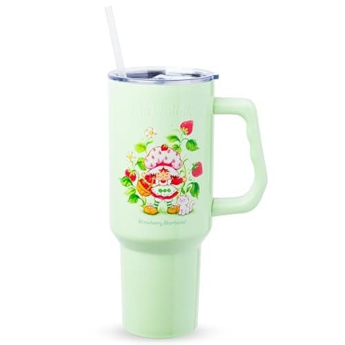 Silver Buffalo Strawberry Shortcake and Custard “Life is Delicious!” Stainless Steel Tumbler with Handle, Fits in Standard Cup Holder, 40 Ounces