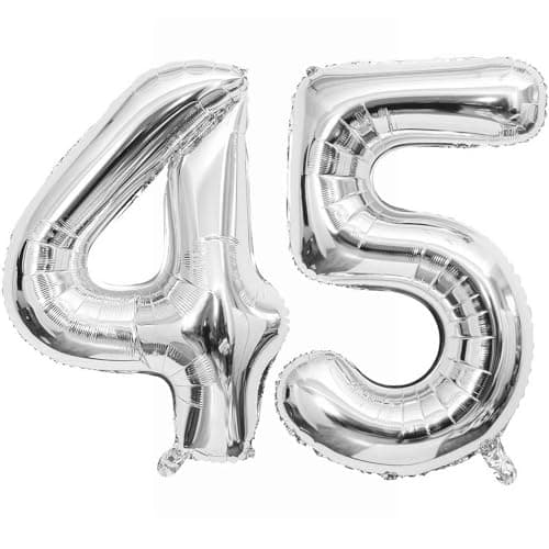 Silver 45 Number Balloons 40 Inch Giant Number 45 Balloons Foil Mylar Helium Silver Number Balloons for 45th Birthday Party Supplies Anniversary Event Celebration Decorations