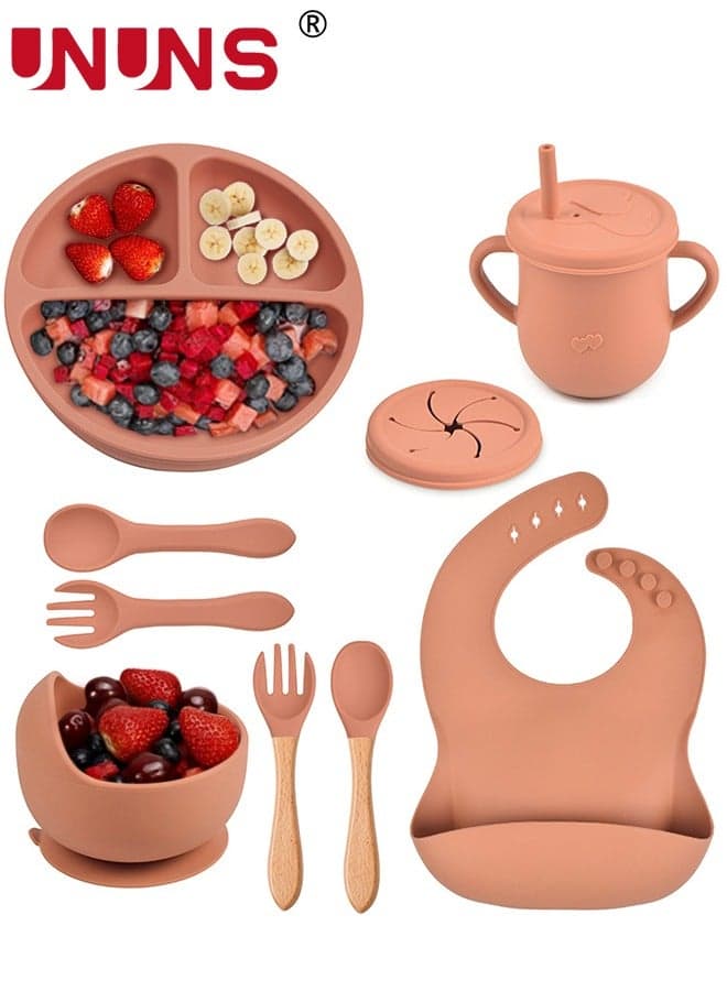 Silicone Feeding Meal Set,Set Of 7 Baby Led Weaning Supplies,Silicone Suction Bowls Divided Plates,Sippy And Snack Cup,Toddler Self Feeding Eating Utensils Set With Bib,Spoons,Fork