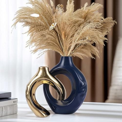 Navy Blue Gold Ceramic Vase Set of 2 for Modern Home DecorRound Boho Vase for Pampas GrassNeutral Minimalist Statue for Dining Room Table Centerpiece Dining RoomWedding Table Decoration