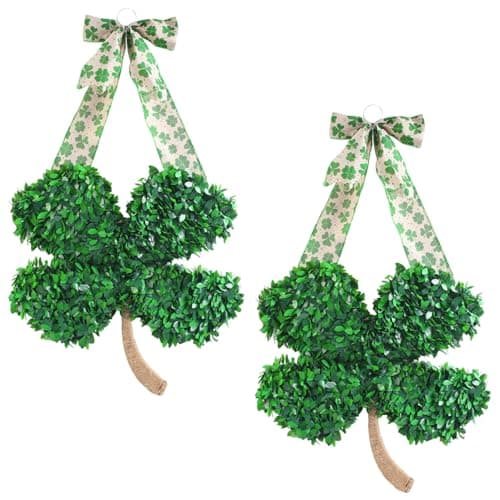 2PCS St Patricks Day Shamrock WreathSt Patricks Day DecorationsIrish Lucky Green Shamrock Spring Hanging Decor for Front DoorWalls Mantel OutdoorIndoor