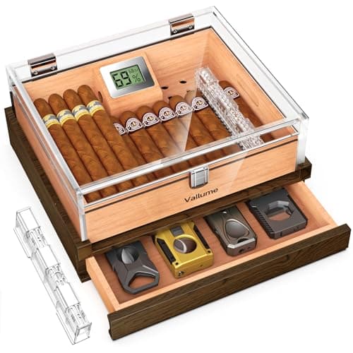 VALLUME Cigar Humidor, Acrylic Humidor with Wooden Drawer Base, Compact Desktop Humidor, Features Gel-Controlled Sliding Cigar Humidifier, Cedar Wood Tray, Ideal Gift for Men (Small size)