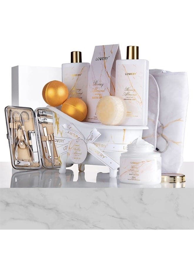 Gifts for Mom, Gift Basket, Spa Gifts For Women, 31Pc Self Care Kit, Stress Relief Gift, Birthday, Thank You, Honey Almond Bath and Body Gift - Toiletry Bag, Nail Kit, Bath Bombs & More