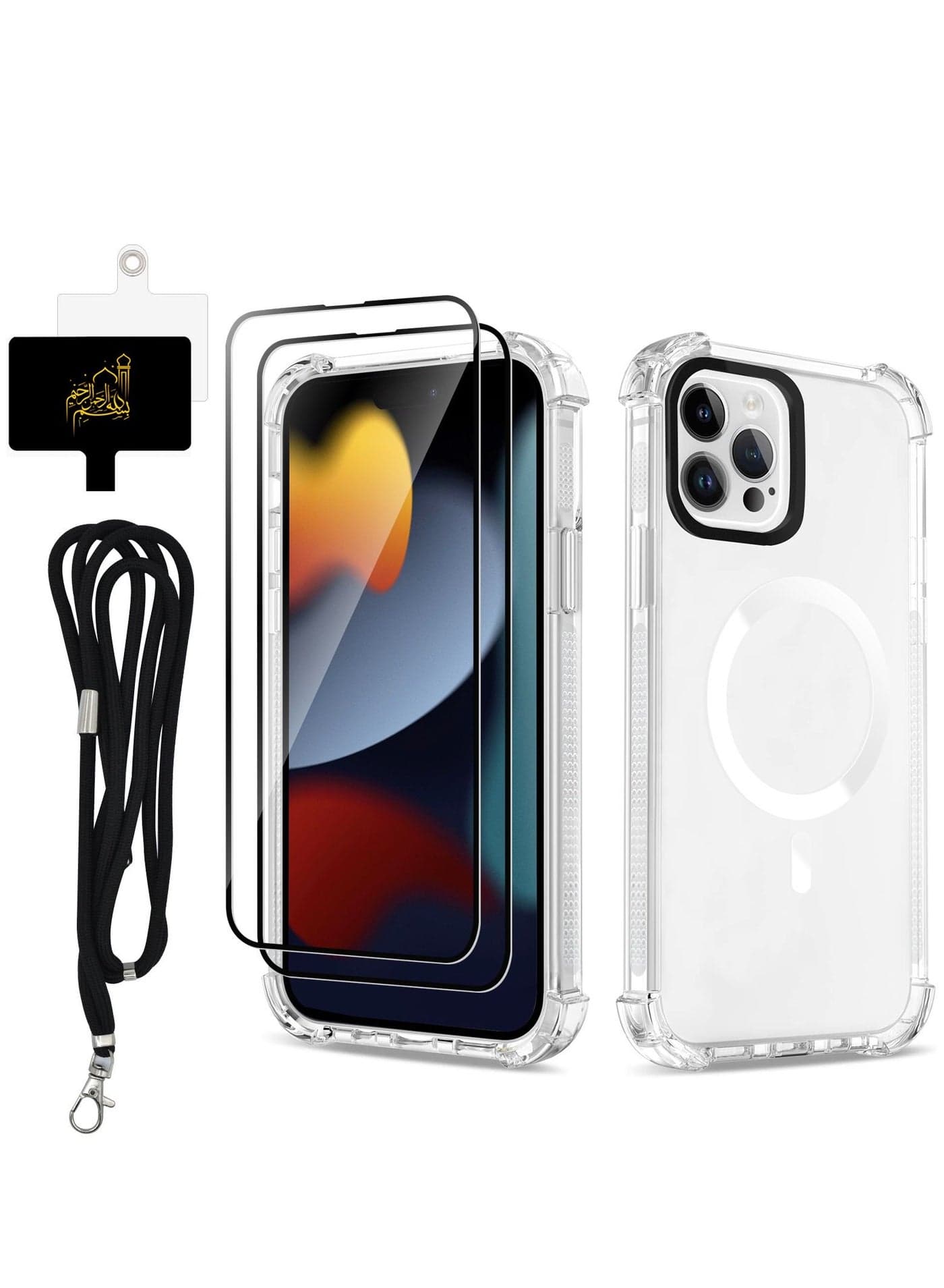 4 in 1 for iPhone 15 Pro Max Case Military Grade Drop Protection iPhone 15 Pro Max Clear Cover with 2 x Tempered Glass Screen Protector 1 x Universal Cell Phone Lanyard Air Guard Corners Hard Acrylic