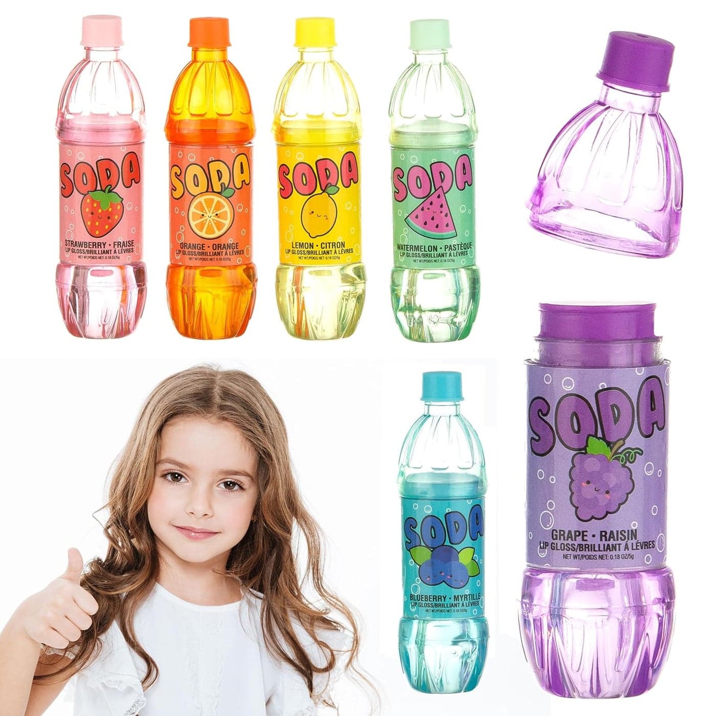 EXPRESSIONS 6pc Soda Pop Lip Gloss Collection Fruit Flavored NonToxic Soda Bottle Lip Gloss Set Teen Girls Party Favors
