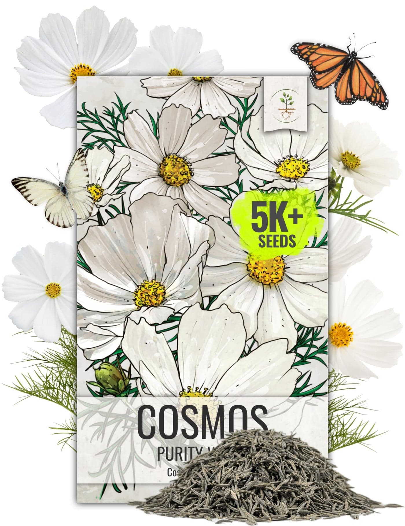 Seed Needs Cosmos Seeds White Purity Variety Flowering Seed | 5,000+ Heirloom Seeds Cosmo Bipinnatus Wildflowers | Large White Blooms Attract Butterflies & Pollinators | Bulk