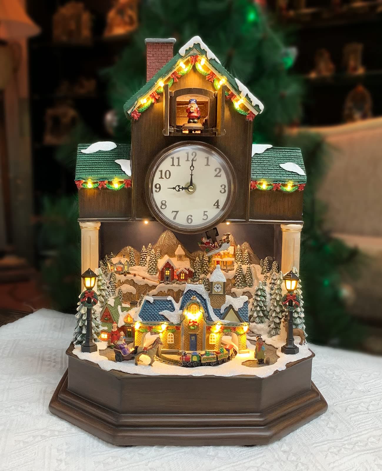 171 H Christmas Decor Cuckoo Clock with Christmas Village Scene with LED Lights Music and Animation Power Adapter Included