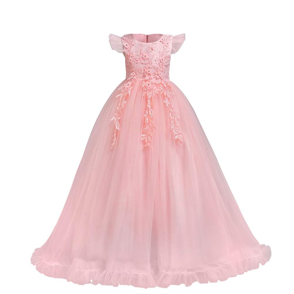 Big Little Girl Princess Embroidery Flower Lace Long A Line Pageant Dress Kids Floor Length Prom First Holy Communion Bowknot Dress Puffy Tulle Maxi Ball Gown for Wedding Party Birthday Pink 34