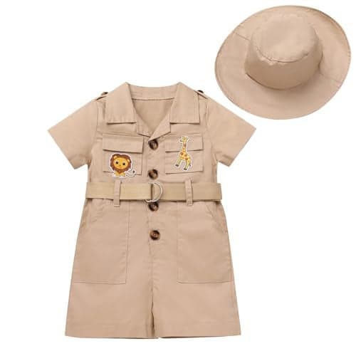 ODASDO Safari Outfit For Baby Girls Boys 1st Birthday Party Cake Smash Toddlers Zookeeper Suit Kids Jungle Froest Adventure Clothes Khaki Short Sleeve Jumpsuit Belt Bodysuit with Hat Khaki 2-3T