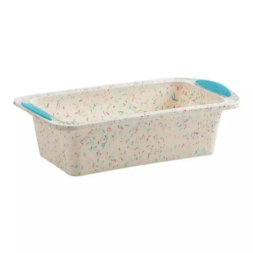 Trudeau Structure Silicone Loaf Pan with Steel Rim 85 x 45 Nonstick Bakeware White Confetti with Blue Base BPAFree Oven Safe to 428F Dishwasher Safe