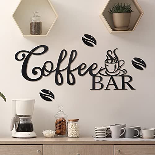 Coffee Bar Sign - Rustic Metal Hanging Decor for Home Office Kitchen (Coffee Bar and Bean Style)