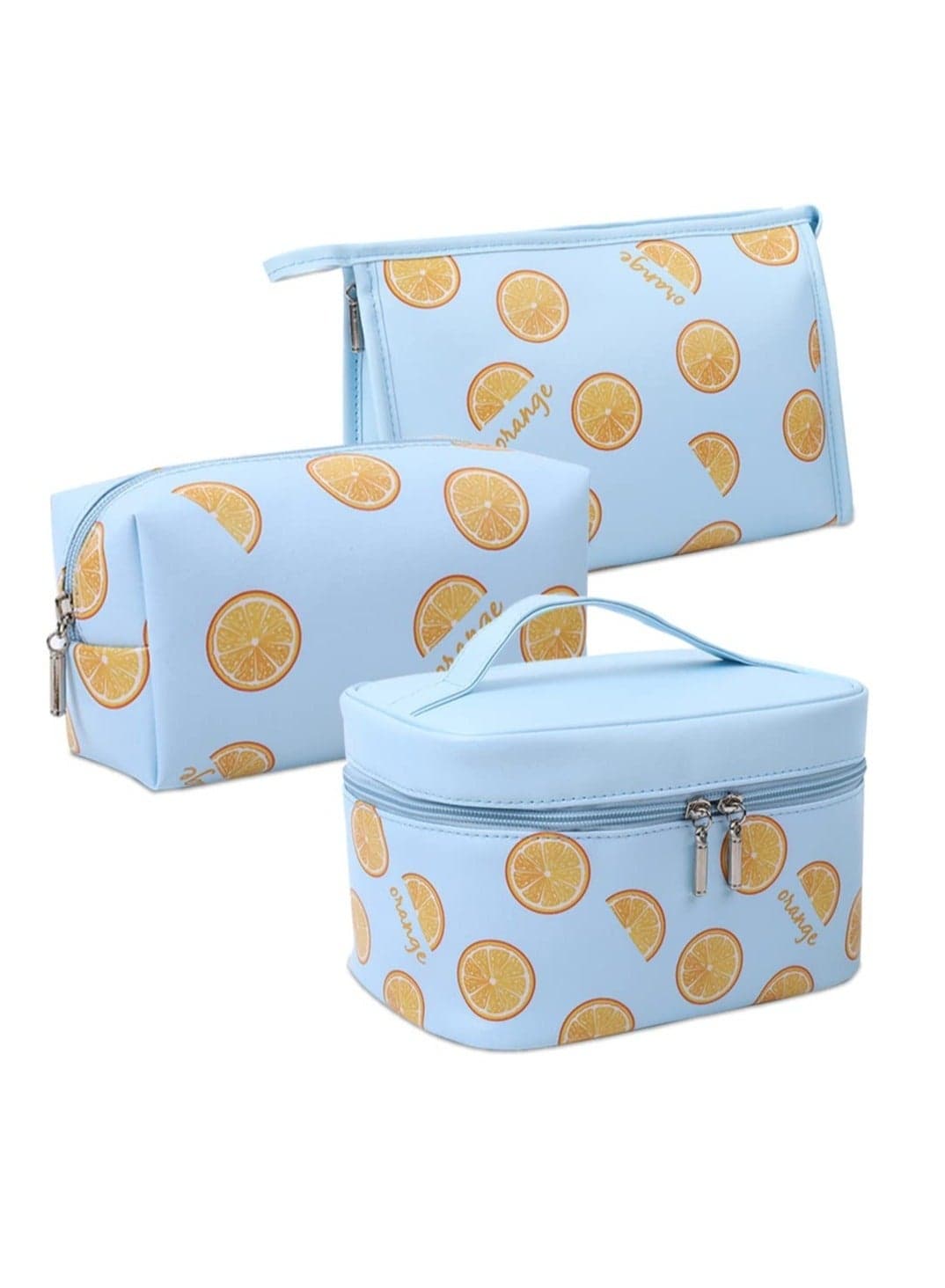 Makeup Bag, 3 Pcs Set Waterproof Cosmetic Portable Toiletry Large Travel Organizer for Women and Girls with Fruit Lemon Pattern (Blue-Lemon)