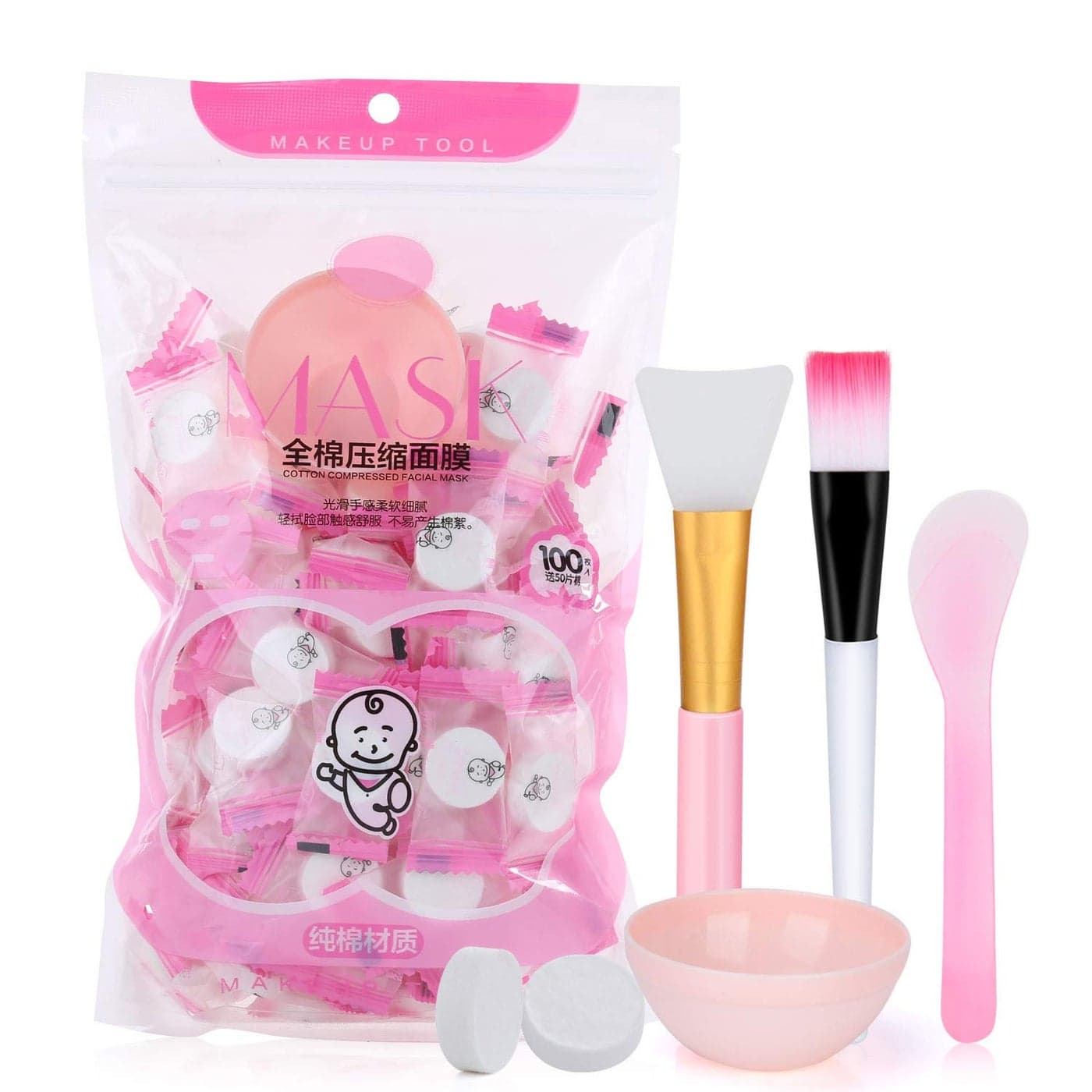 100Pcs DIY Compressed Cotton Face Mask Sheet Grain Dry Mask Paper Face Cotton Mask Sheet with Free of Mask Bowl Mask Stick Silicone Brush Soft Bristle Brush