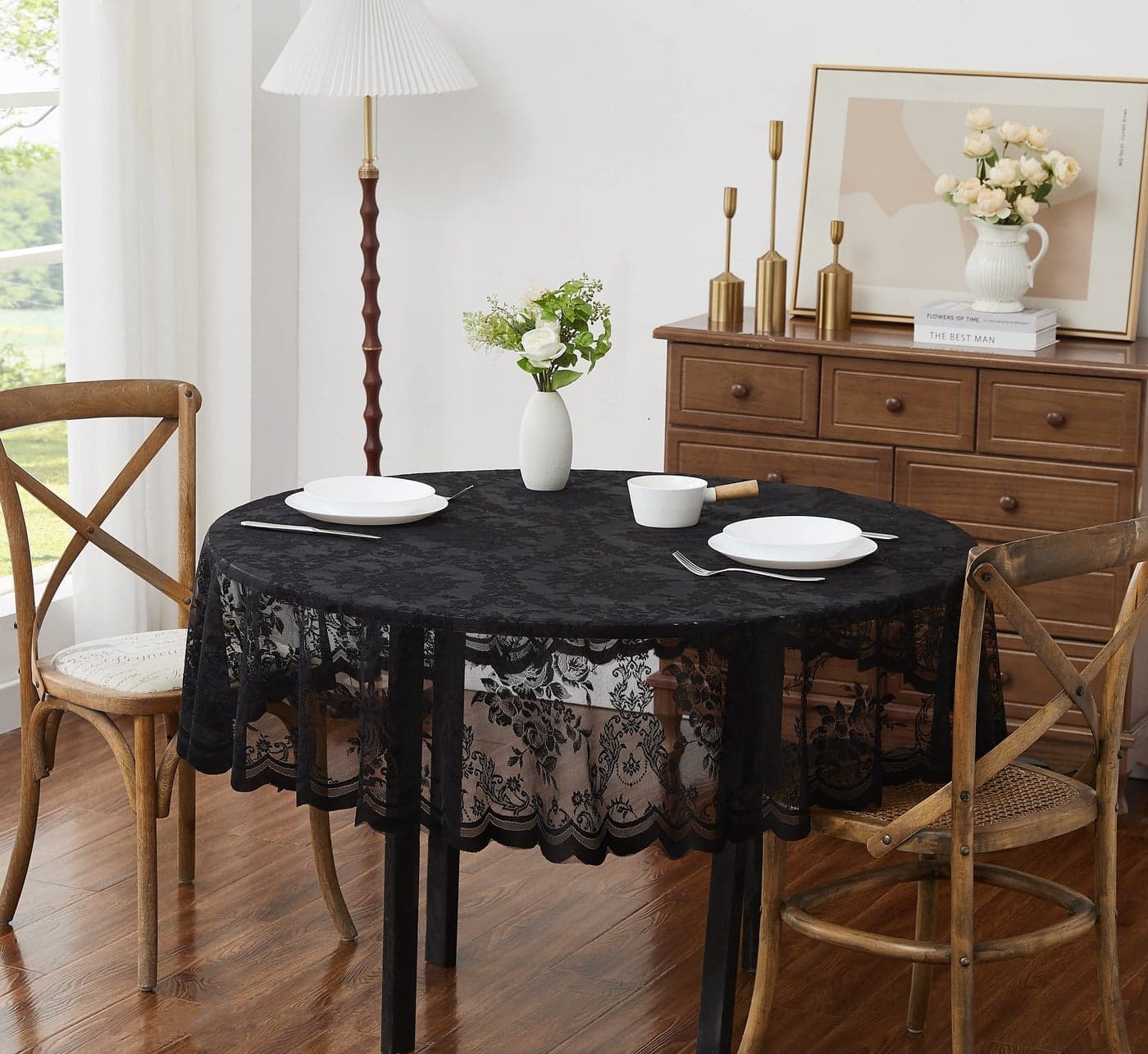 LinenZone Beautiful Round Lace Tablecloth with Elegant Scalloped Bottom for Any Special Event Such as Wedding Birthday Party Baby Shower Anniversary Sits 6 to 8 People Luna TC 90 Round Black